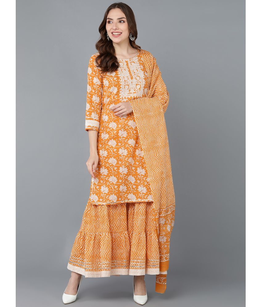     			Vaamsi Cotton Embroidered Kurti With Sharara And Gharara Women's Stitched Salwar Suit - Orange ( Pack of 1 )