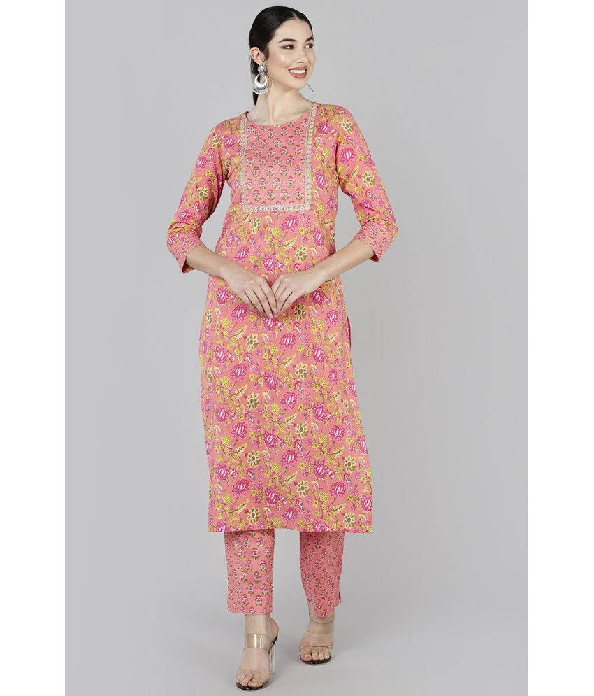    			Vaamsi Cotton Printed Kurti With Pants Women's Stitched Salwar Suit - Peach ( Pack of 1 )