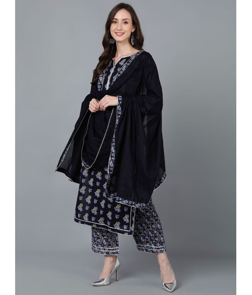     			Vaamsi Cotton Printed Kurti With Palazzo Women's Stitched Salwar Suit - Navy Blue ( Pack of 1 )