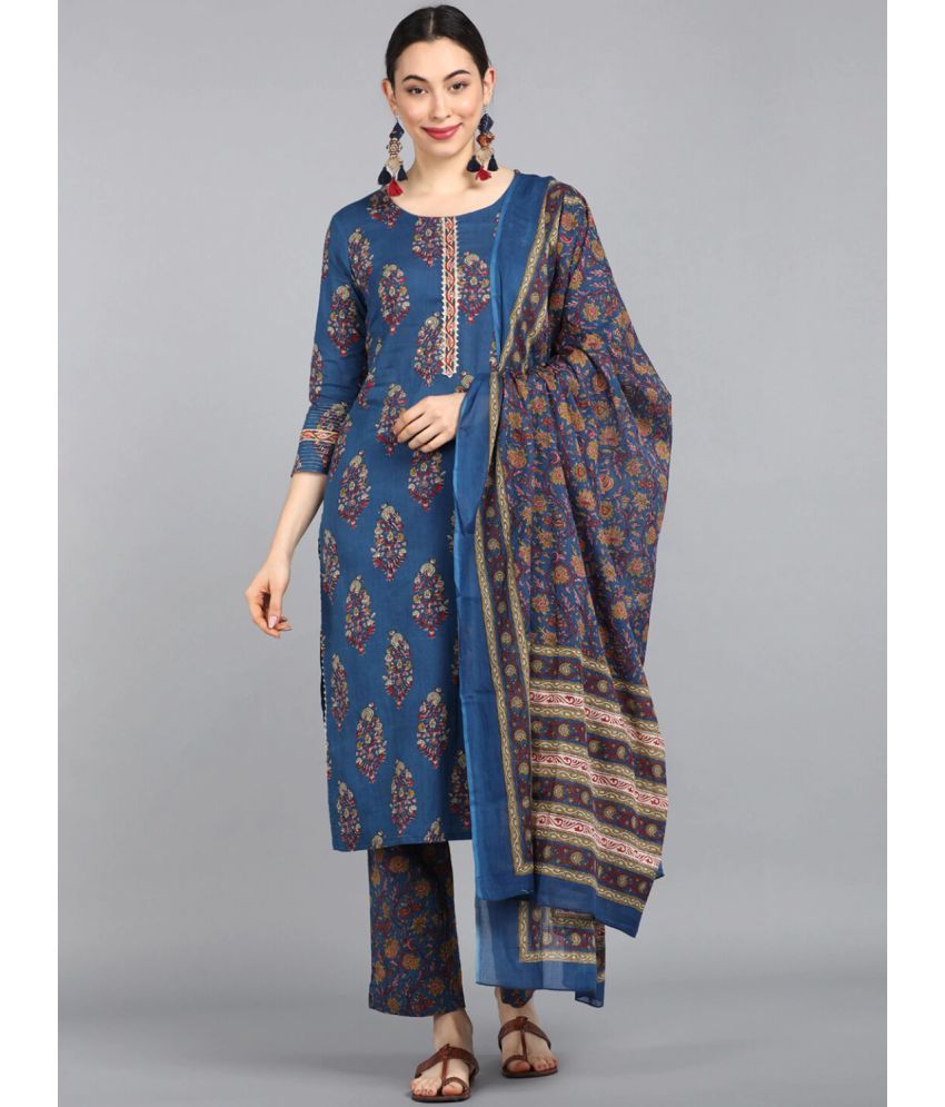     			Vaamsi Cotton Printed Kurti With Pants Women's Stitched Salwar Suit - Navy Blue ( Pack of 1 )