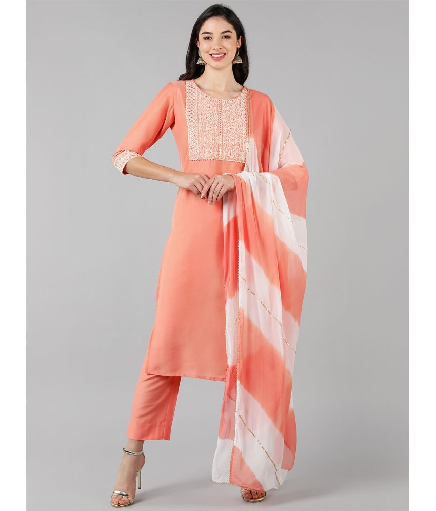     			Vaamsi Silk Blend Embroidered Kurti With Pants Women's Stitched Salwar Suit - Peach ( Pack of 1 )