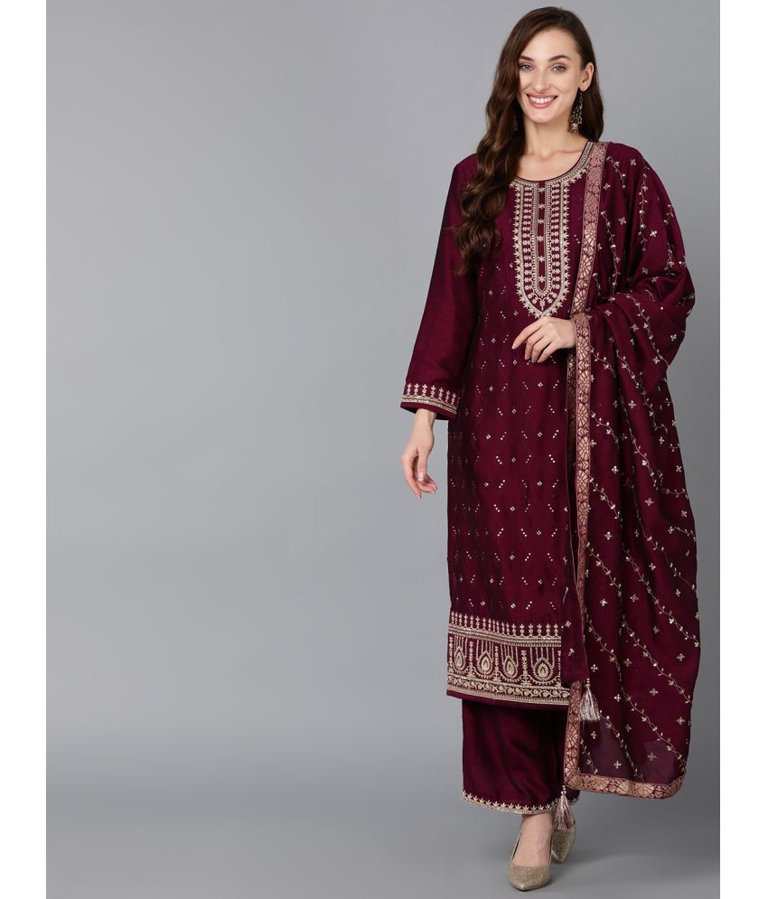     			Vaamsi Silk Blend Embroidered Kurti With Palazzo Women's Stitched Salwar Suit - Burgundy ( Pack of 1 )