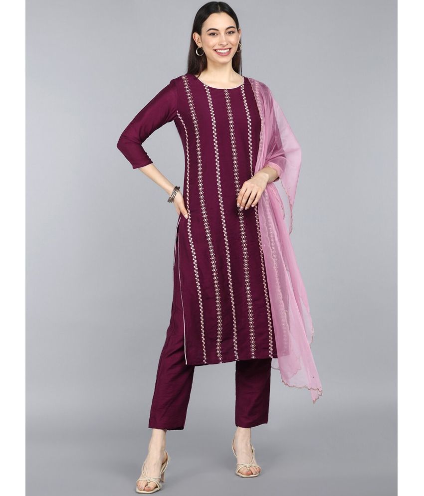     			Vaamsi Silk Blend Embroidered Kurti With Pants Women's Stitched Salwar Suit - Burgundy ( Pack of 1 )