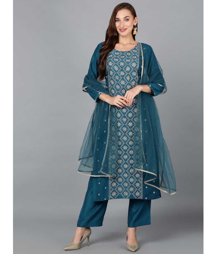     			Vaamsi Silk Blend Embroidered Kurti With Pants Women's Stitched Salwar Suit - Teal ( Pack of 1 )