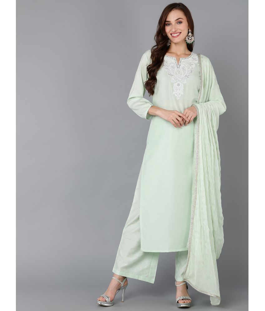     			Vaamsi Silk Blend Embroidered Kurti With Palazzo Women's Stitched Salwar Suit - Green ( Pack of 1 )