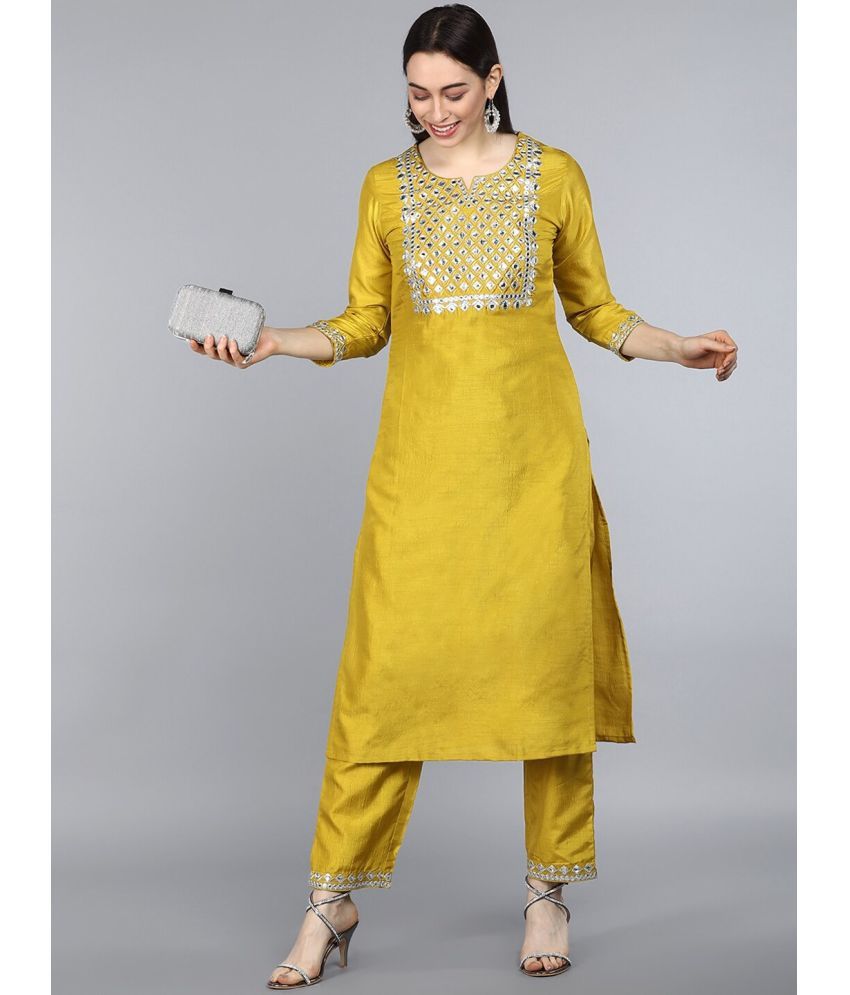     			Vaamsi Silk Blend Embroidered Kurti With Pants Women's Stitched Salwar Suit - Mustard ( Pack of 1 )