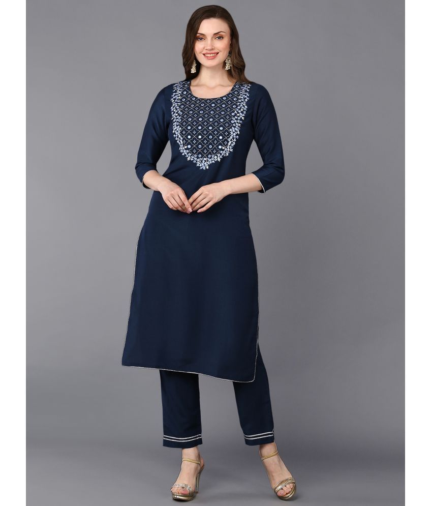     			Vaamsi Silk Blend Embroidered Straight Women's Kurti - Navy Blue ( Pack of 1 )