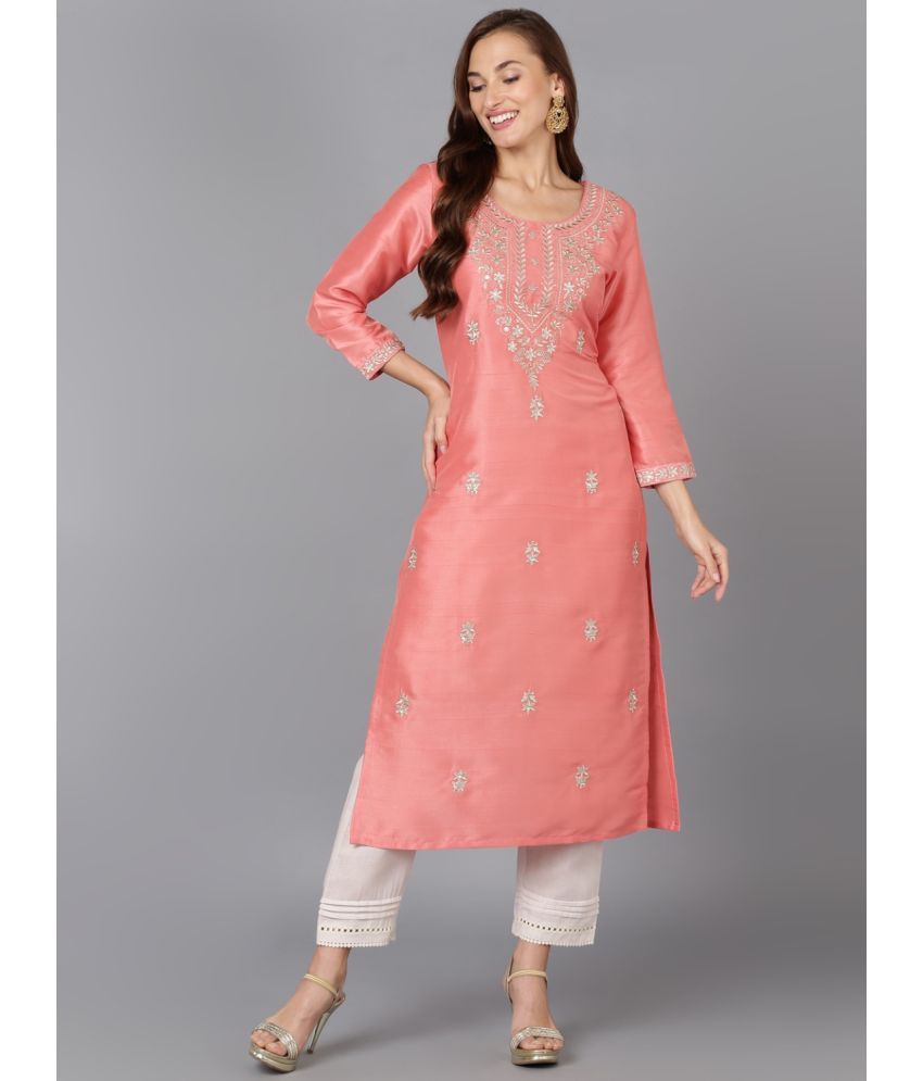     			Vaamsi Silk Blend Embroidered Straight Women's Kurti - Pink ( Pack of 1 )