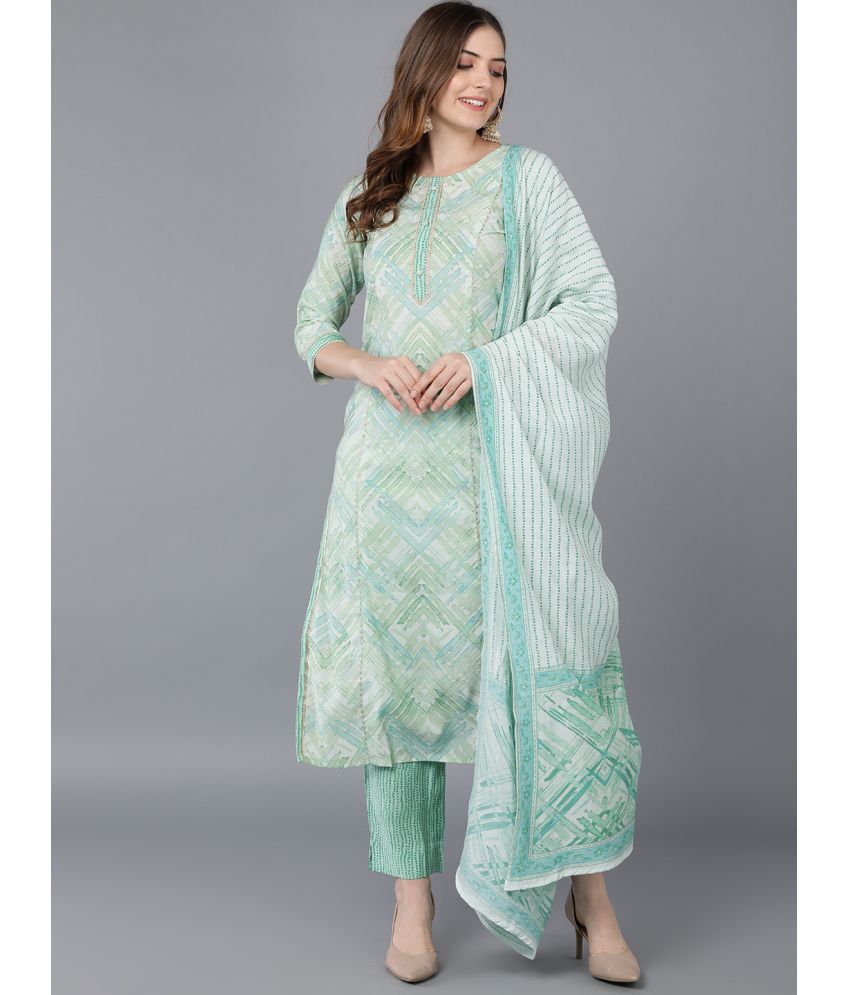     			Vaamsi Silk Blend Printed Kurti With Pants Women's Stitched Salwar Suit - Sea Green ( Pack of 1 )