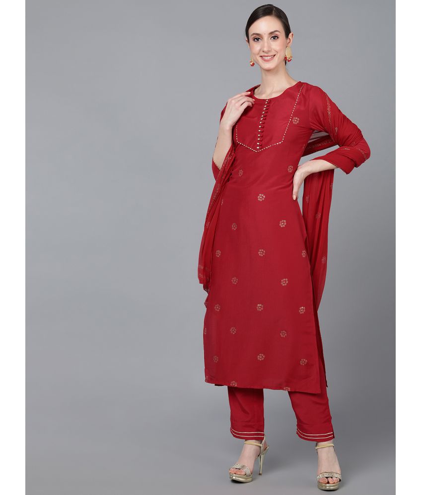     			Vaamsi Silk Blend Printed Kurti With Pants Women's Stitched Salwar Suit - Red ( Pack of 1 )