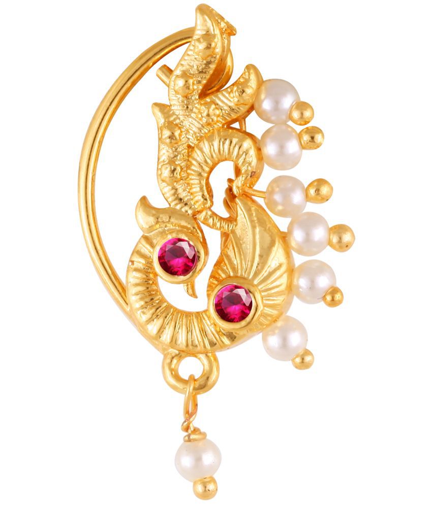     			Vivastri Premium Gold Plated Nath Collection  With Beautiful & Luxurious Red Diamond Pearl Studded Maharashtraian  Nath For Women & Girls-VIVA1150NTH-Press
