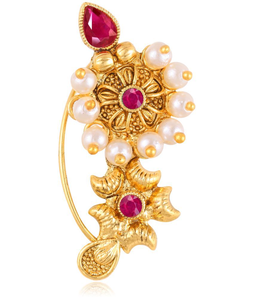     			Vivastri Premium Nath Collection Nosepin With Beautiful & Luxurious Pearl Studded Maharashtraian Red Coloured Nath For Women & Girls-VIVA1137NTH-Press-Red