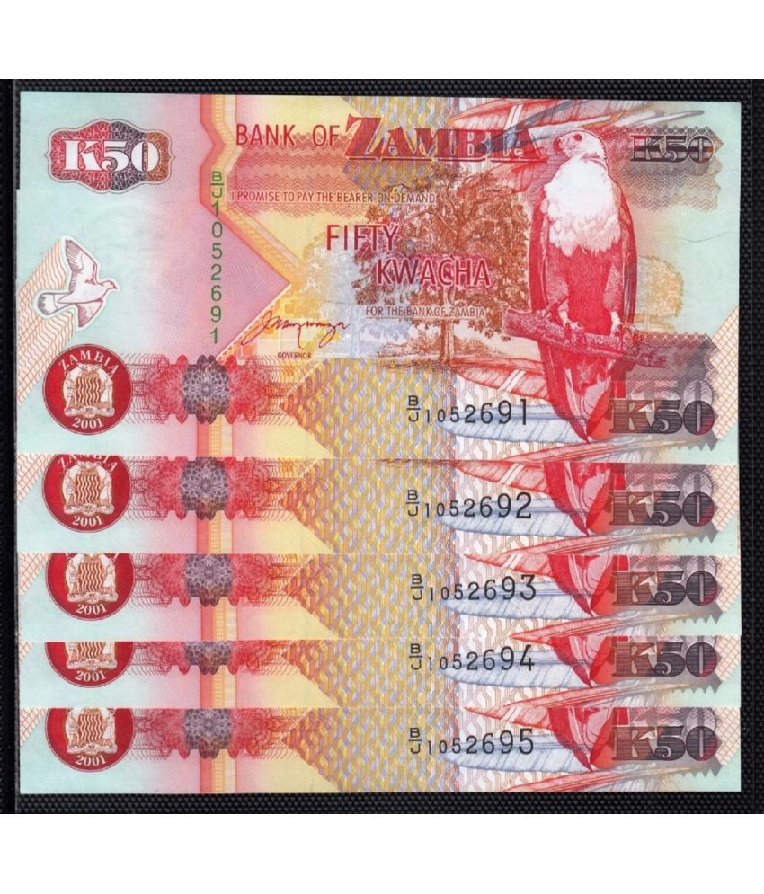     			Zambia 50 Kwacha Consecutive Serial 5 Notes in Top Grade Gem UNC