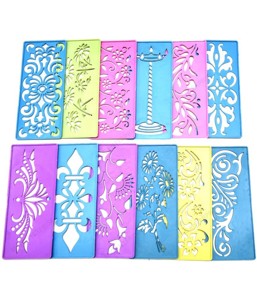     			M.G ENTERPRISE DIY Plastic Rangoli Stencils For Floor and Wall PLS-I-12 Set of 12 pc (3 in x 7 in)