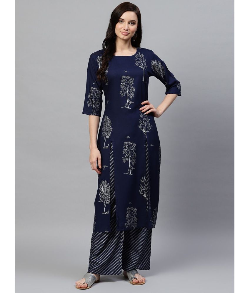     			Vaamsi Cotton Printed Kurti With Palazzo Women's Stitched Salwar Suit - Navy Blue ( Pack of 1 )