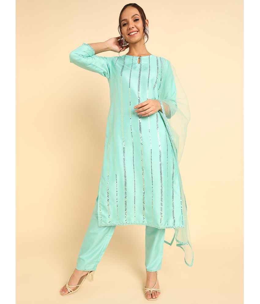     			Vaamsi Silk Blend Embellished Kurti With Pants Women's Stitched Salwar Suit - Turquoise ( Pack of 1 )