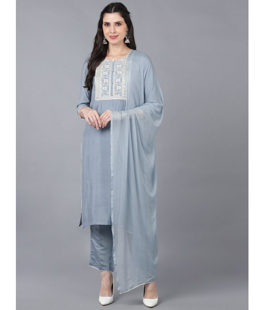     			Vaamsi Silk Blend Embroidered Kurti With Pants Women's Stitched Salwar Suit - Light Grey ( Pack of 1 )