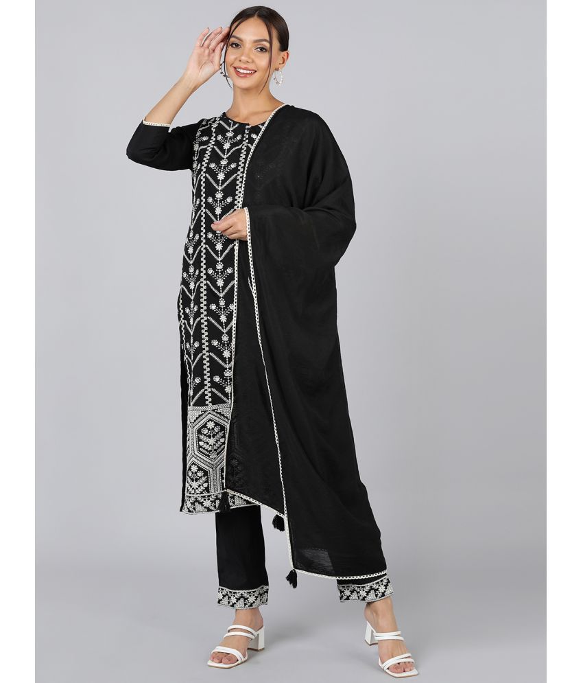     			Vaamsi Silk Blend Embroidered Kurti With Pants Women's Stitched Salwar Suit - Black ( Pack of 1 )