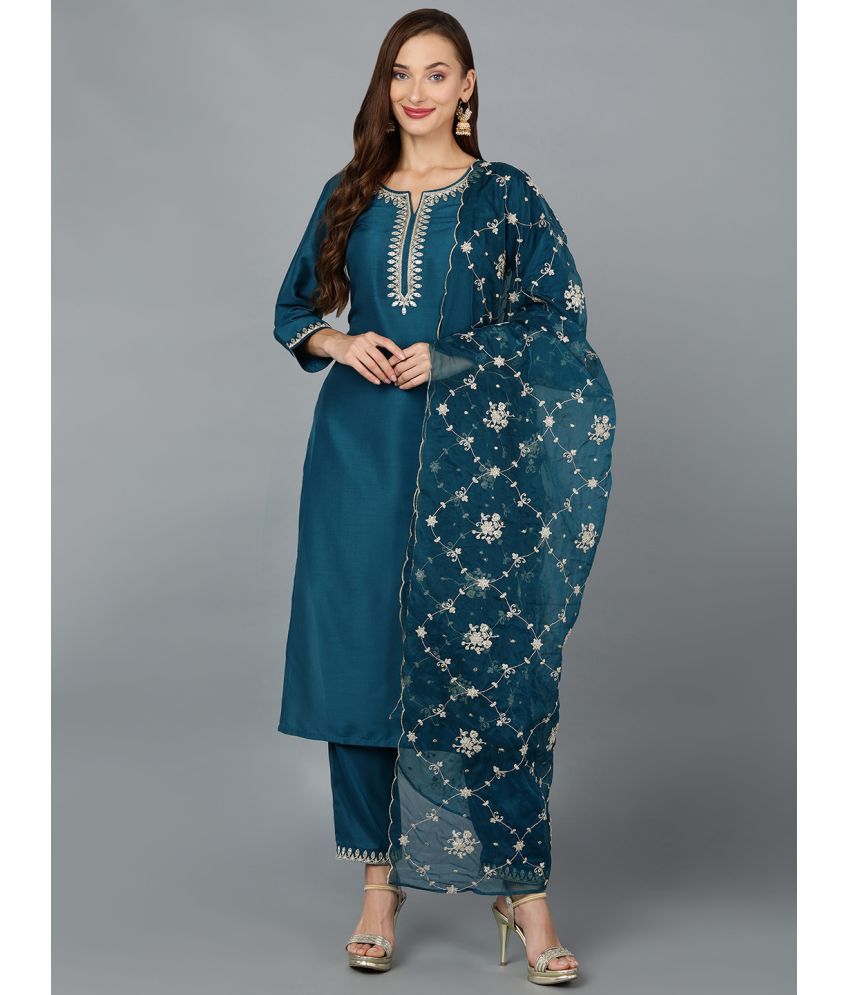     			Vaamsi Silk Blend Embroidered Kurti With Pants Women's Stitched Salwar Suit - Blue ( Pack of 1 )