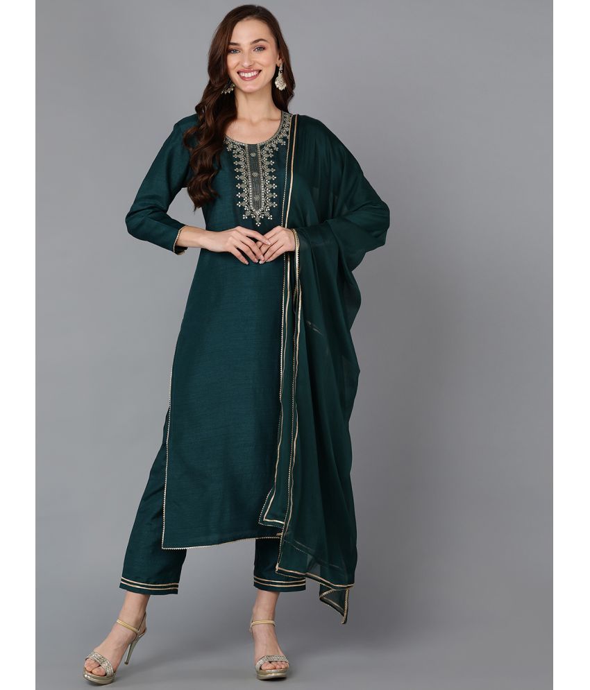     			Vaamsi Silk Blend Embroidered Kurti With Pants Women's Stitched Salwar Suit - Green ( Pack of 1 )