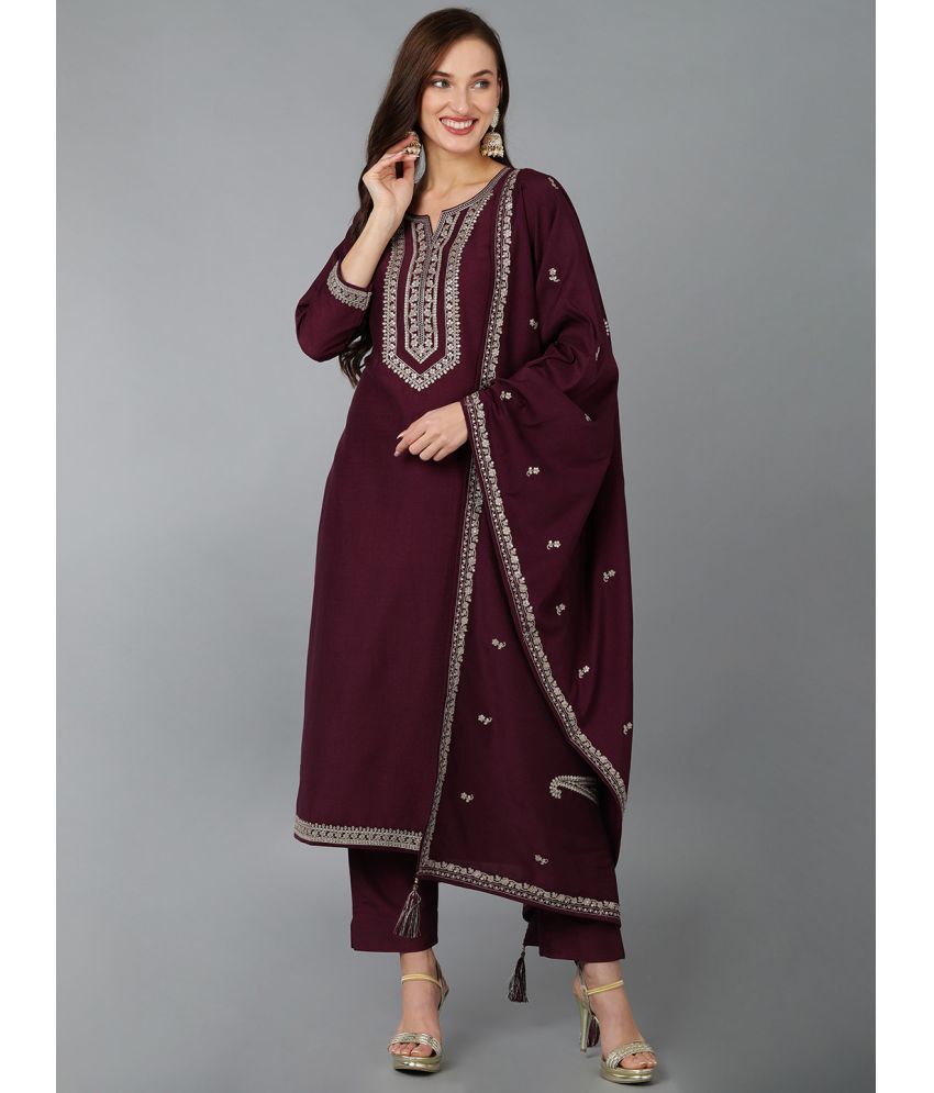     			Vaamsi Silk Blend Embroidered Kurti With Pants Women's Stitched Salwar Suit - Burgundy ( Pack of 1 )