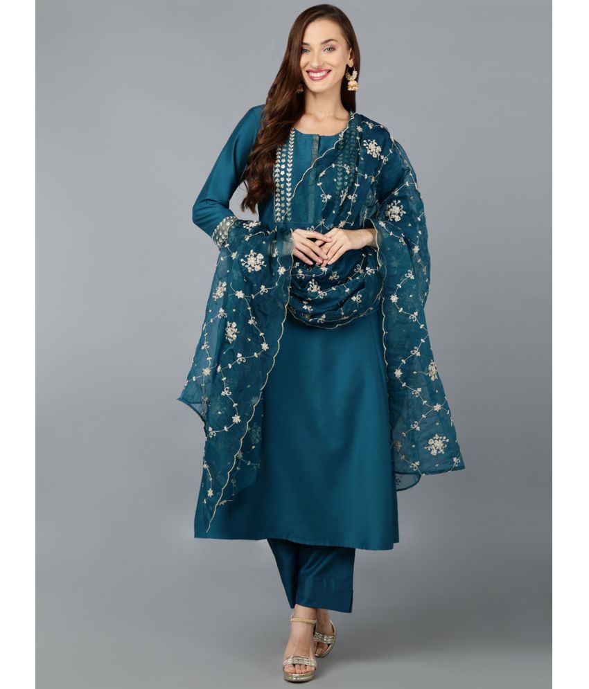     			Vaamsi Silk Blend Embroidered Kurti With Pants Women's Stitched Salwar Suit - Teal ( Pack of 1 )