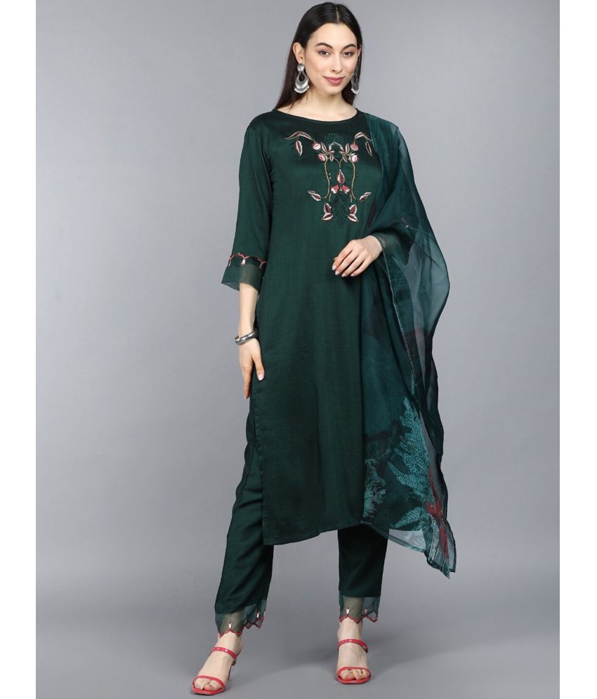     			Vaamsi Silk Blend Embroidered Kurti With Pants Women's Stitched Salwar Suit - Green ( Pack of 1 )