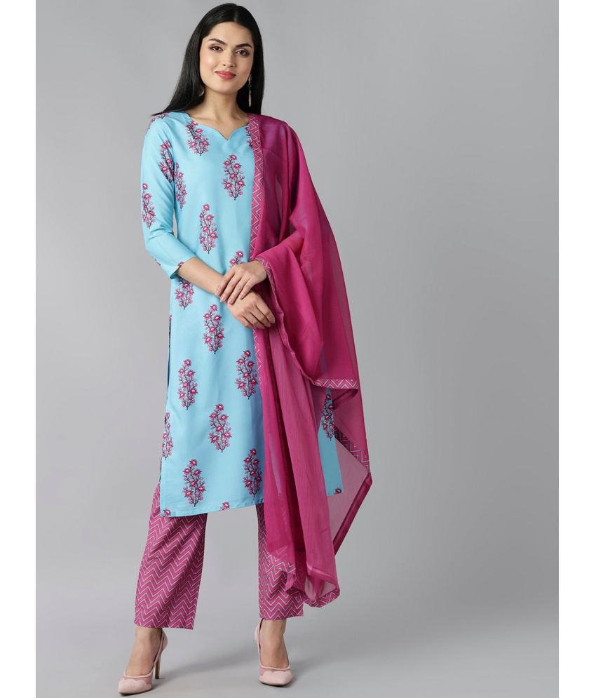     			Vaamsi Silk Blend Printed Kurti With Pants Women's Stitched Salwar Suit - Blue ( Pack of 1 )