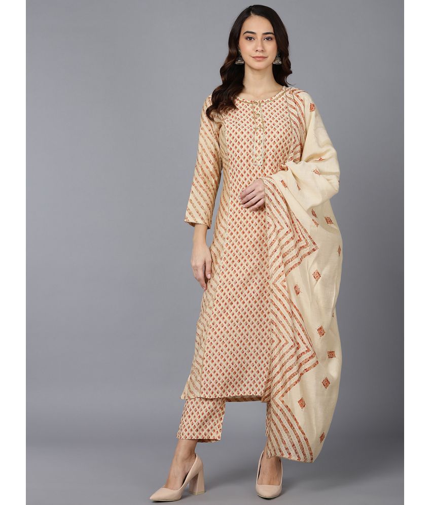     			Vaamsi Silk Blend Printed Kurti With Pants Women's Stitched Salwar Suit - Cream ( Pack of 1 )