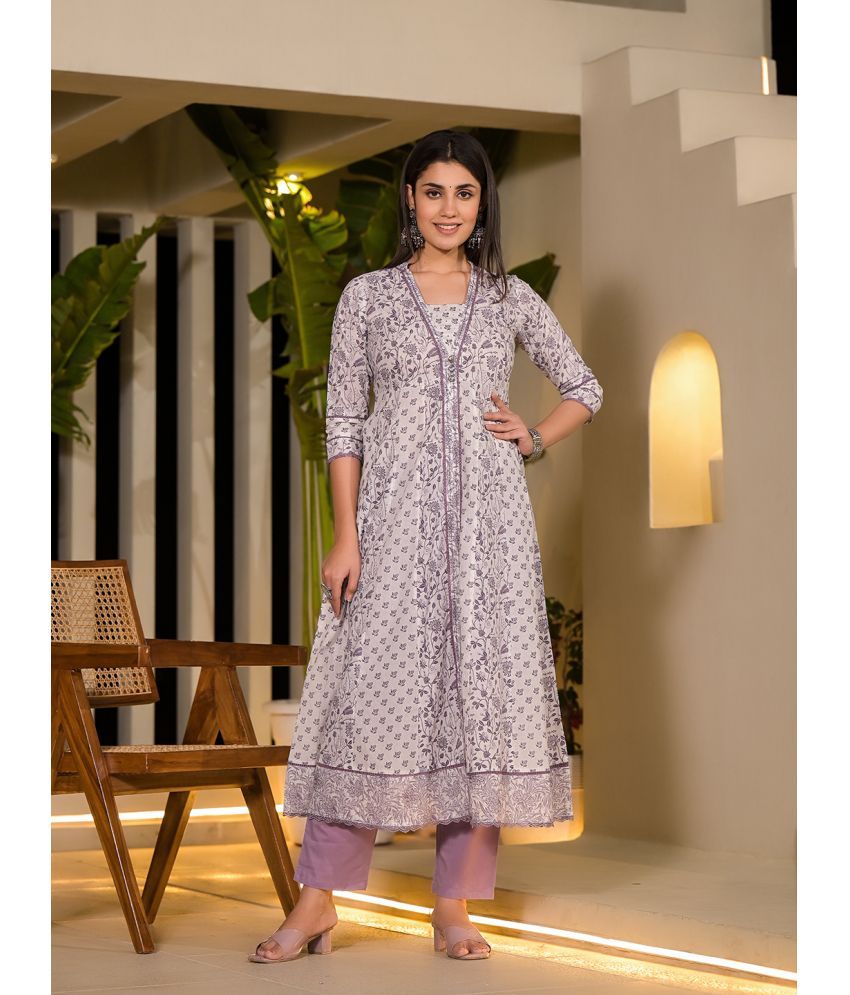     			Yufta Cotton Printed Kurti With Pants Women's Stitched Salwar Suit - Purple ( Pack of 1 )