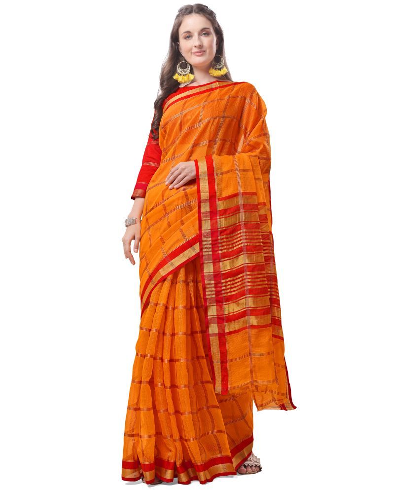     			Sidhidata Cotton Checks Saree With Blouse Piece - Gold ( Pack of 1 )