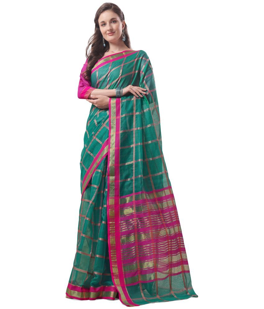     			Sidhidata Cotton Checks Saree With Blouse Piece - Turquoise ( Pack of 1 )