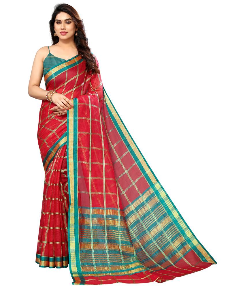     			Sidhidata Cotton Checks Saree With Blouse Piece - Red ( Pack of 1 )