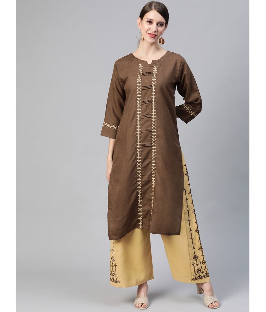     			Vaamsi Cotton Blend Embroidered Kurti With Palazzo Women's Stitched Salwar Suit - Brown ( Pack of 1 )