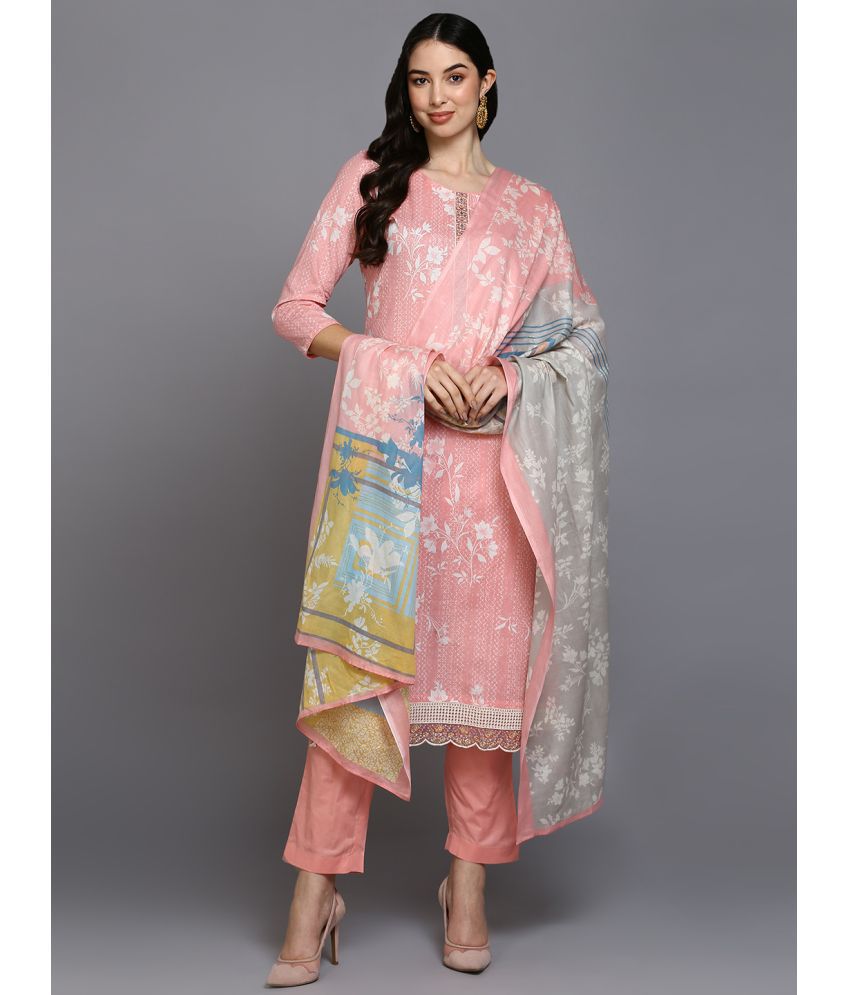     			Vaamsi Cotton Blend Printed Kurti With Pants Women's Stitched Salwar Suit - Peach ( Pack of 1 )