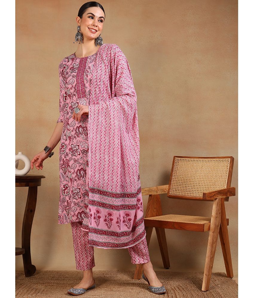     			Vaamsi Cotton Blend Printed Kurti With Pants Women's Stitched Salwar Suit - Pink ( Pack of 1 )