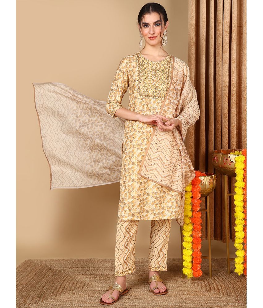     			Vaamsi Cotton Embroidered Kurti With Pants Women's Stitched Salwar Suit - Beige ( Pack of 1 )