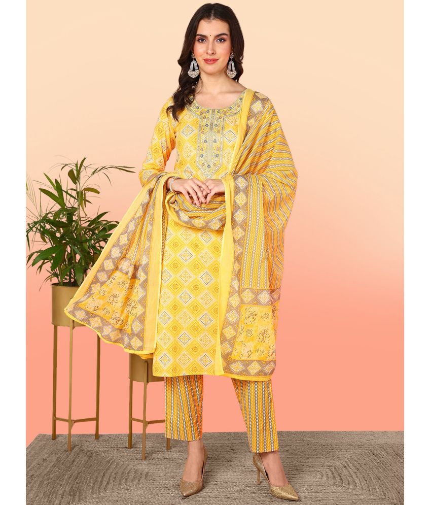     			Vaamsi Cotton Embroidered Kurti With Pants Women's Stitched Salwar Suit - Yellow ( Pack of 1 )