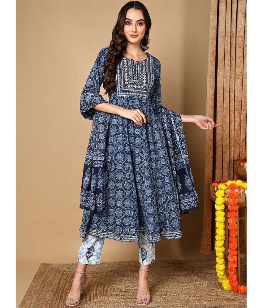    			Vaamsi Cotton Embroidered Kurti With Pants Women's Stitched Salwar Suit - Blue ( Pack of 1 )