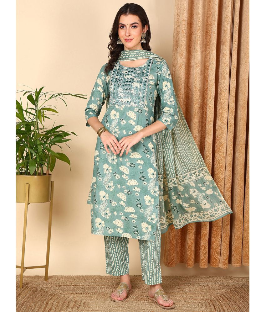     			Vaamsi Cotton Embroidered Kurti With Pants Women's Stitched Salwar Suit - Sea Green ( Pack of 1 )