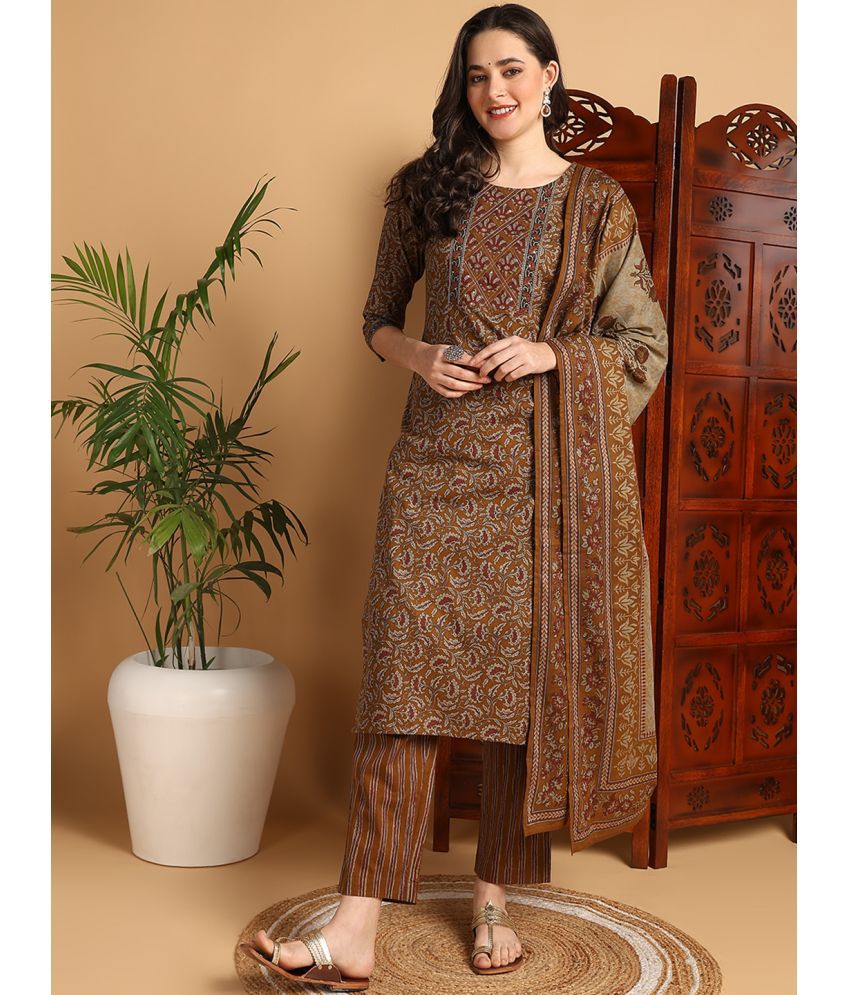     			Vaamsi Cotton Printed Kurti With Pants Women's Stitched Salwar Suit - Mustard ( Pack of 1 )