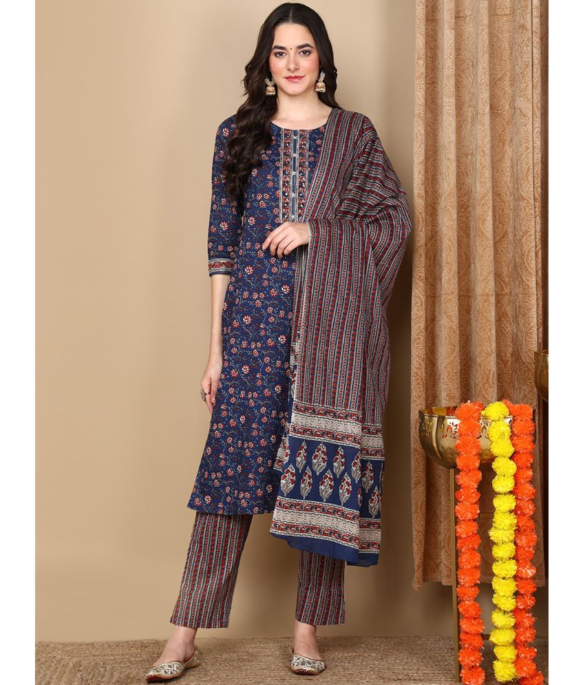     			Vaamsi Cotton Printed Kurti With Pants Women's Stitched Salwar Suit - Navy Blue ( Pack of 1 )