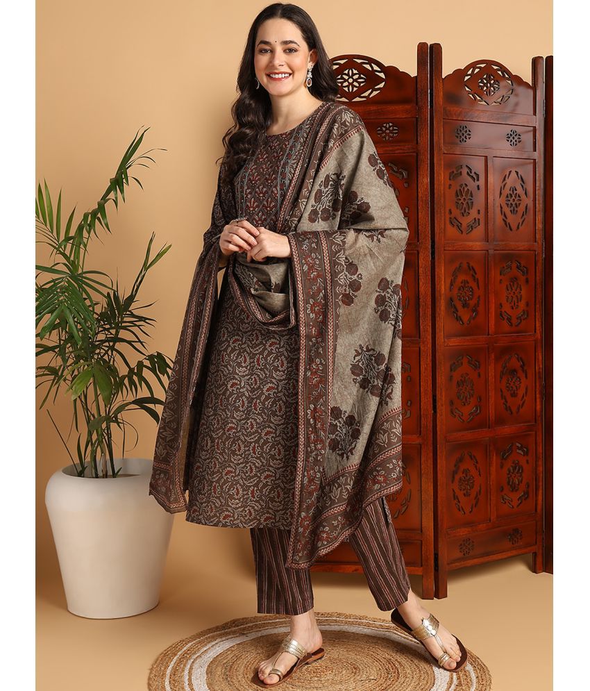     			Vaamsi Cotton Printed Kurti With Pants Women's Stitched Salwar Suit - Brown ( Pack of 1 )