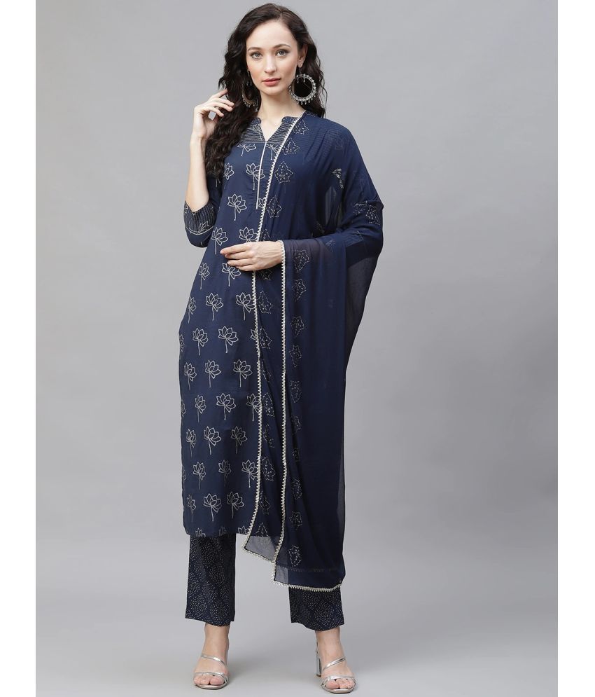     			Vaamsi Cotton Printed Kurti With Pants Women's Stitched Salwar Suit - Navy Blue ( Pack of 1 )