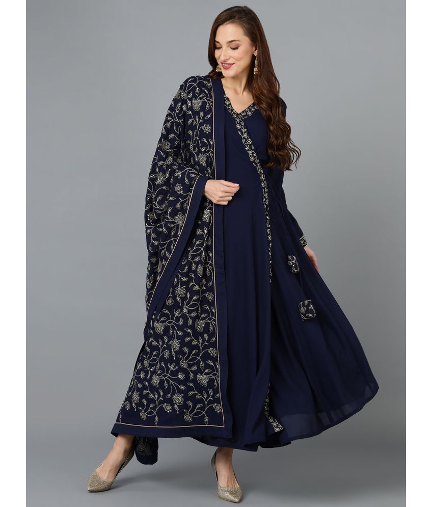     			Vaamsi Georgette Embroidered Kurti With Palazzo Women's Stitched Salwar Suit - Navy Blue ( Pack of 1 )