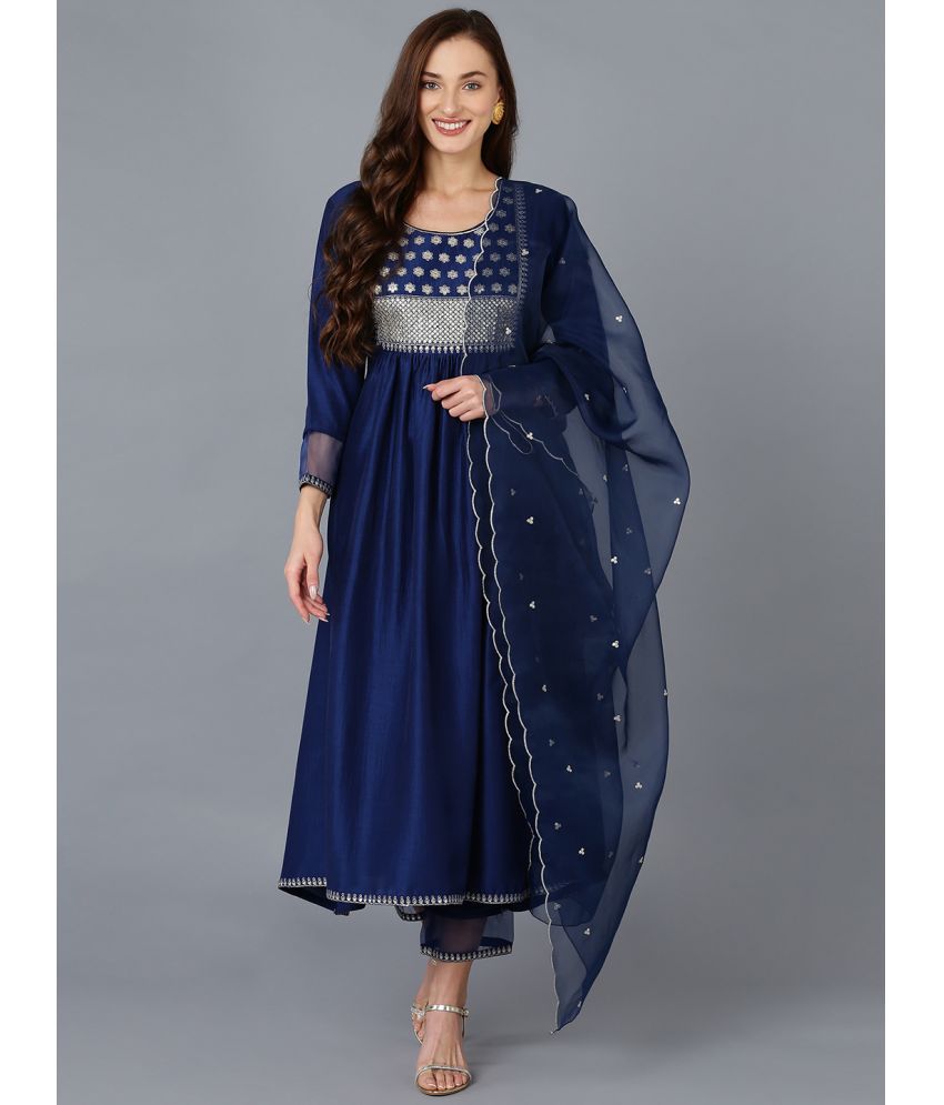     			Vaamsi Silk Blend Embroidered Kurti With Pants Women's Stitched Salwar Suit - Navy Blue ( Pack of 1 )