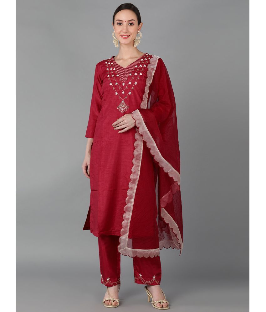     			Vaamsi Silk Blend Embroidered Kurti With Pants Women's Stitched Salwar Suit - Red ( Pack of 1 )