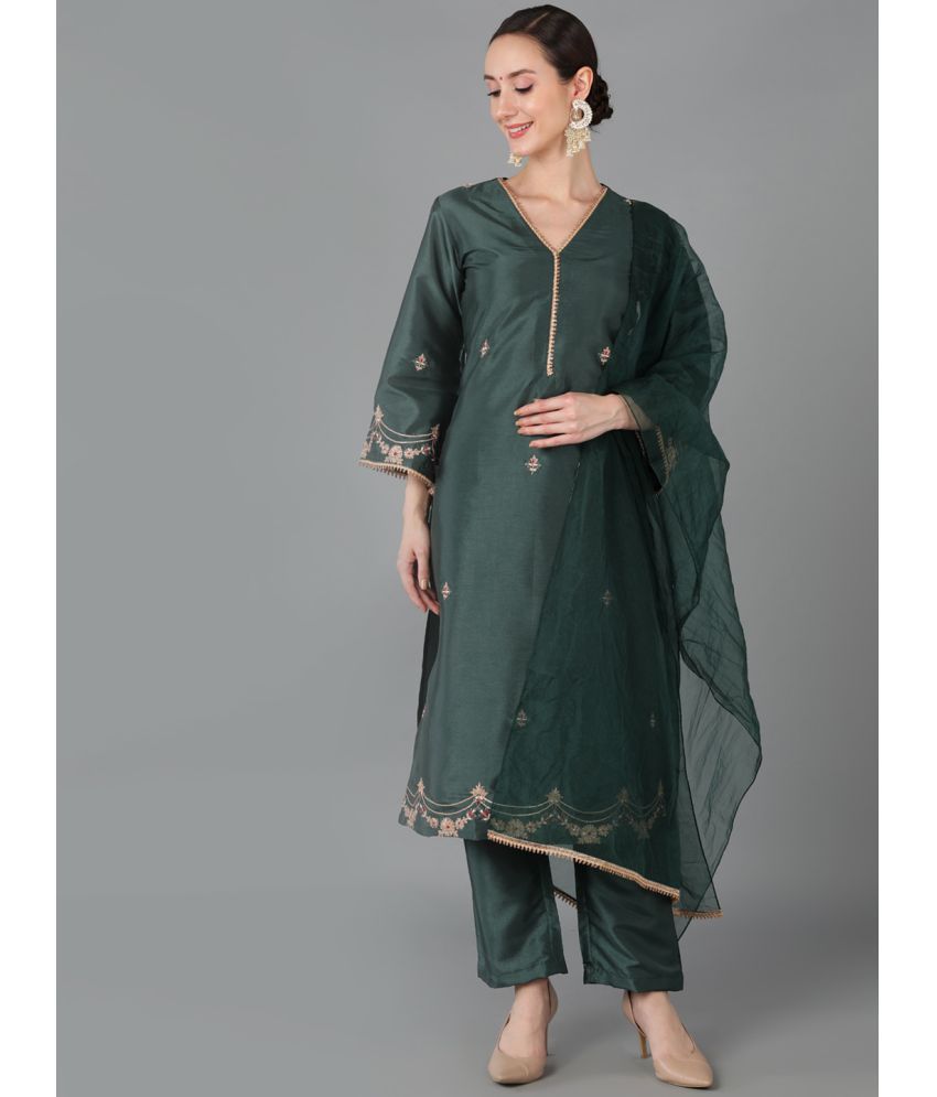     			Vaamsi Silk Blend Embroidered Kurti With Pants Women's Stitched Salwar Suit - Green ( Pack of 1 )