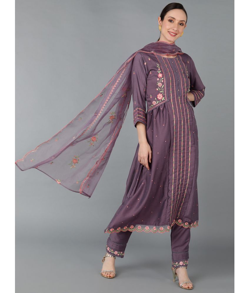     			Vaamsi Silk Blend Embroidered Kurti With Pants Women's Stitched Salwar Suit - Mauve ( Pack of 1 )