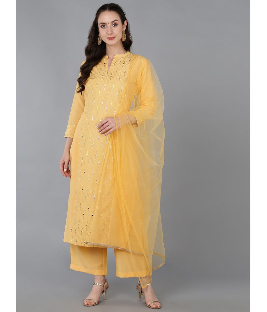     			Vaamsi Silk Blend Embroidered Kurti With Palazzo Women's Stitched Salwar Suit - Yellow ( Pack of 1 )